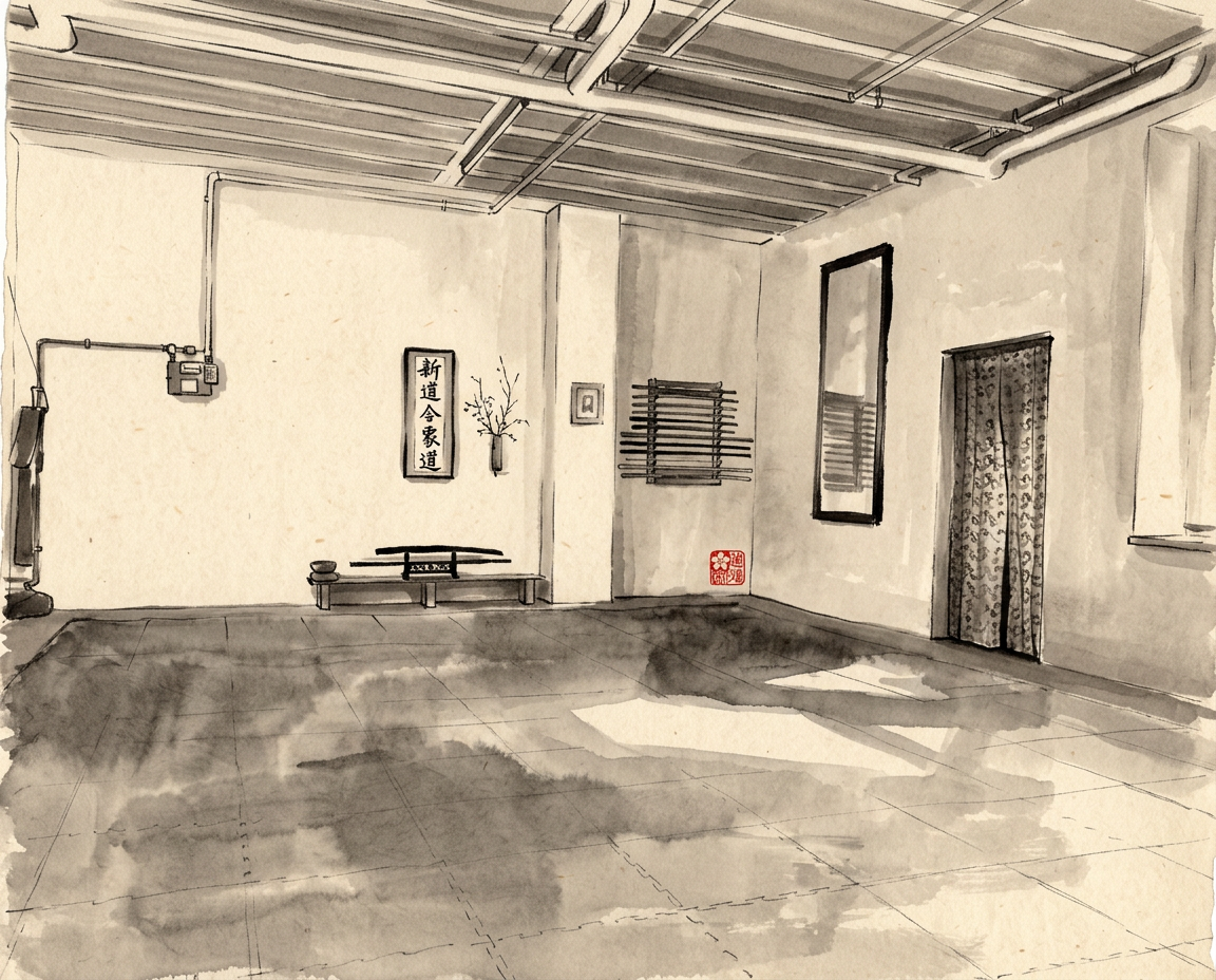 Unser Dojo in Zweibrücken als Tuschezeichnung